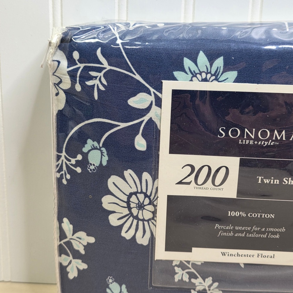 Sonoma Life Style Twin Sheet Set 200TC Cotton Winchester Floral Navy Blue 3pc - Picture 4 of 5